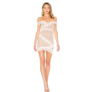 REVOLVE MAJORALLE Bandit Rushed Polka Dot Ruffed Dress in White and Nude